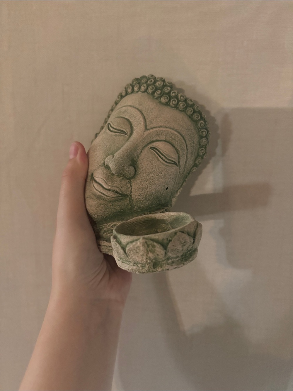 Serene Buddha Head Candle Holder - Mossy Green Stone